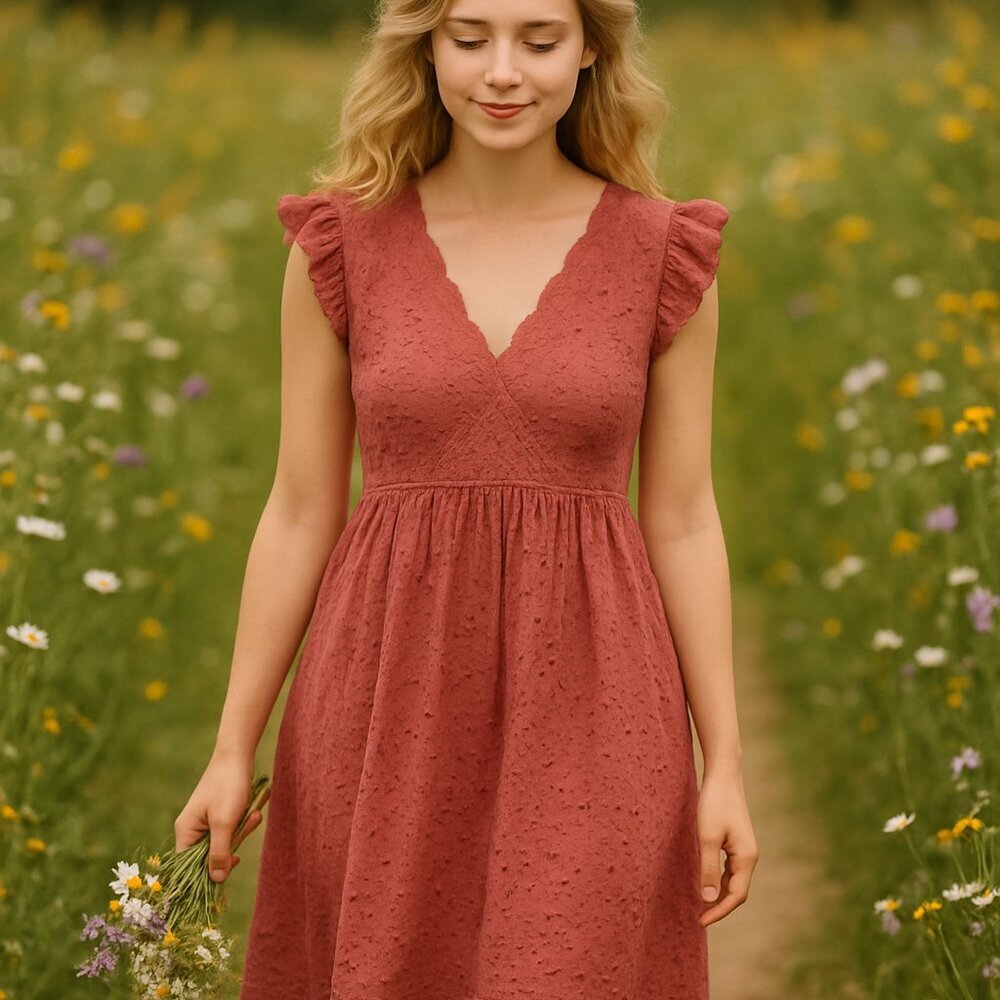 Knox Rose Womens Large Dark Mauve Eyelet Lined Dress Ruffles Cottagecore Romance